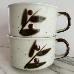 Vintage Speckled Stoneware Leaves & Olives Otagiri Soup/Coffee Mugs Set of 2